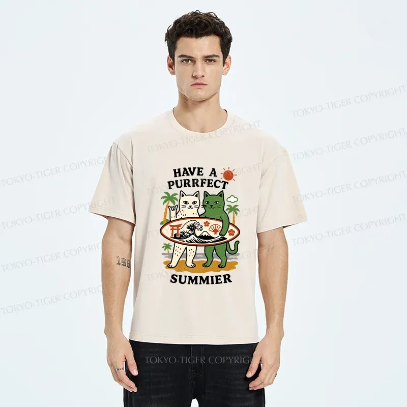 Tokyo-Tiger Beach Surfing Cat Washed T-Shirt
