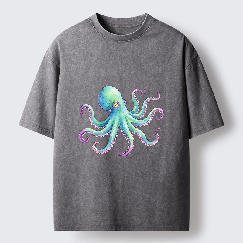 Tokyo‑Tiger Watercolor Octopus Washed T‑Shirt