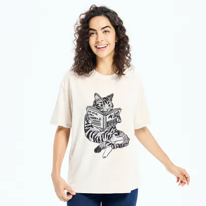 Tokyo-Tiger Cat Reading Books Washed T-Shirt