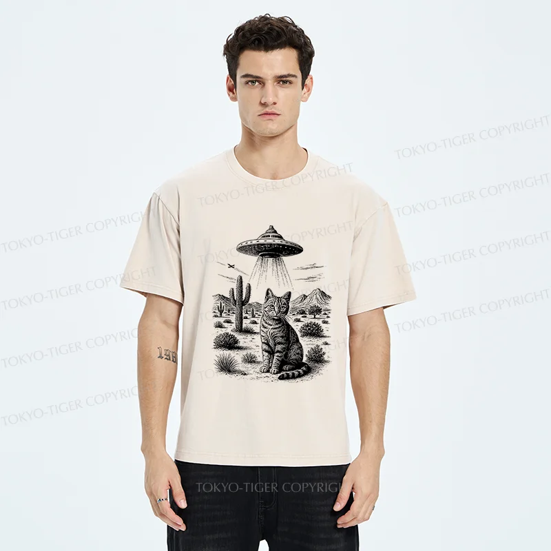 Tokyo-Tiger UFO And Cat Washed T-Shirt