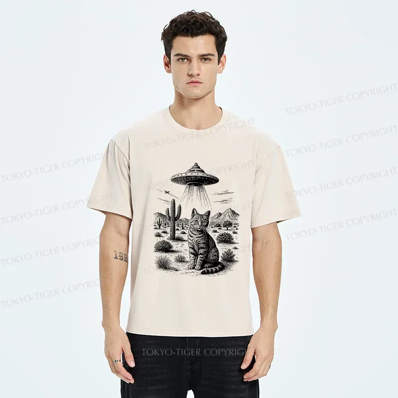 Tokyo-Tiger UFO And Cat Washed T-Shirt