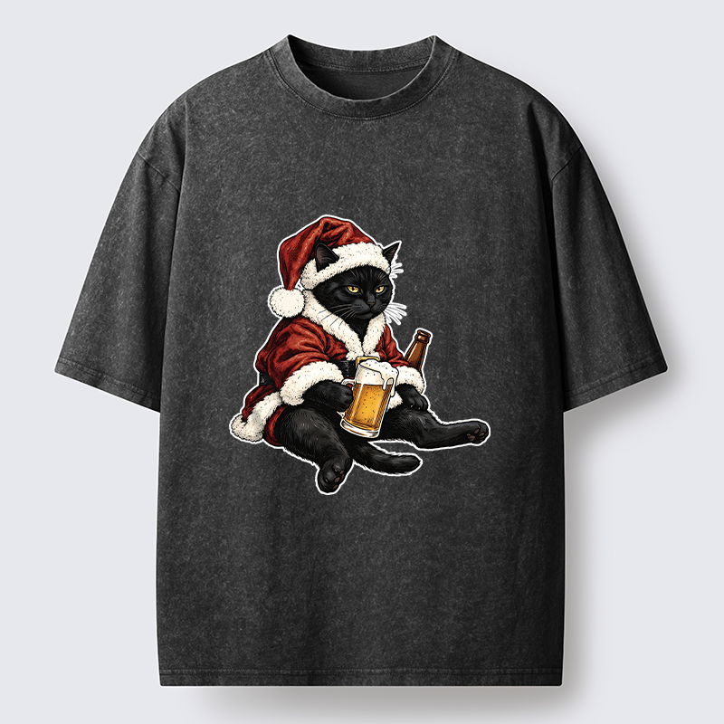 Tokyo-Tiger Chill Santa Black Cat Beer Time Washed T-Shirt