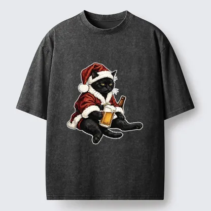 Tokyo-Tiger Chill Santa Black Cat Beer Time Washed T-Shirt