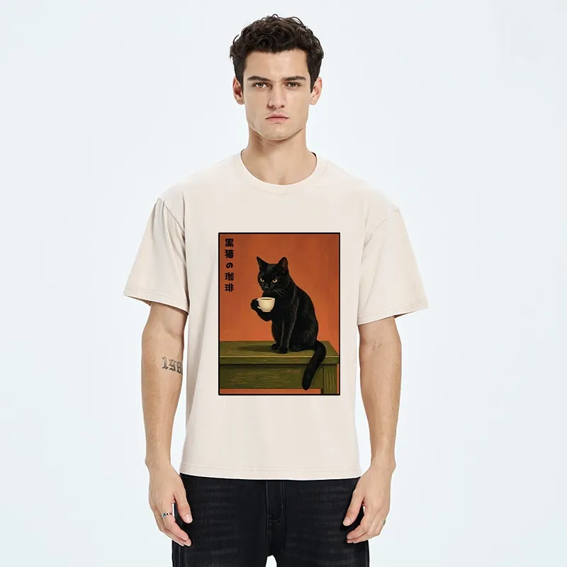 Tokyo-Tiger Retro Art Cat Sips Warm Coffee Washed T-Shirt
