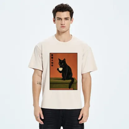 Tokyo-Tiger Retro Art Cat Sips Warm Coffee Washed T-Shirt