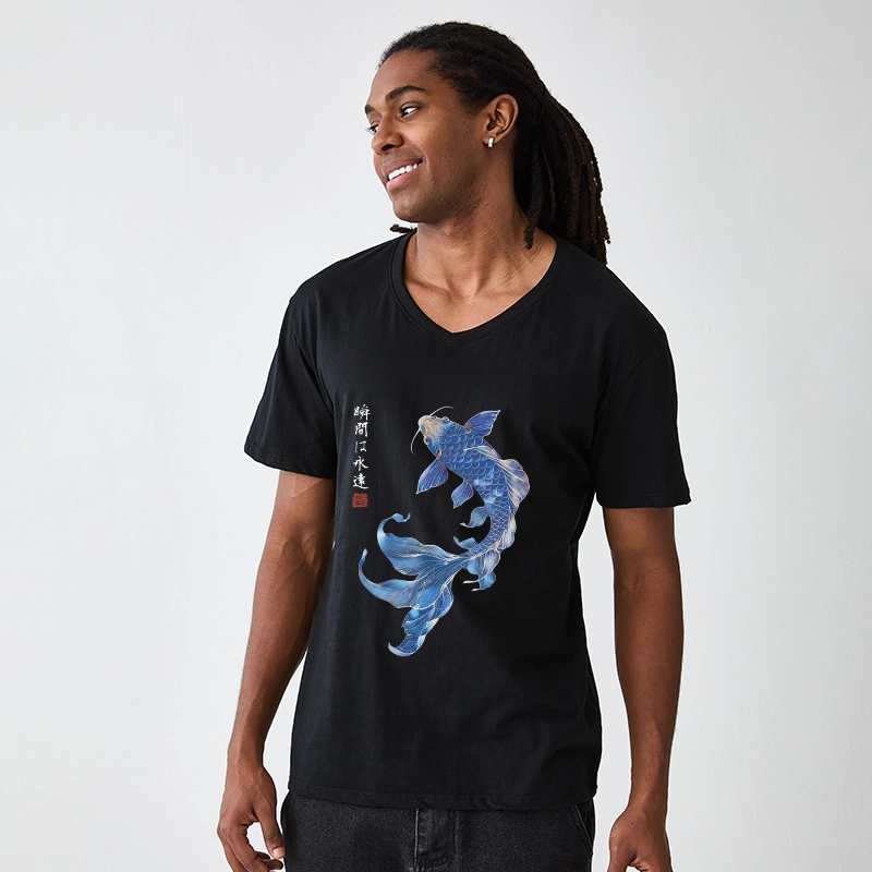 Tokyo-Tiger Lucky Blue Koi Fish Art V-Neck Classic T-Shirt