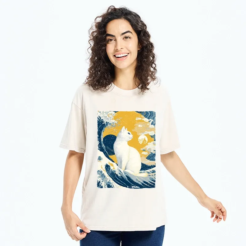 Tokyo-Tiger Ukiyo Cat Giant Ocean Wave Print Washed T-Shirt