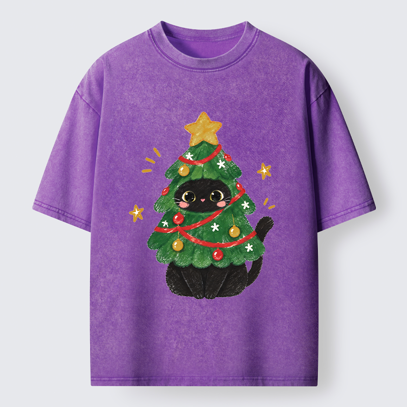 Tokyo-Tiger Christmas Tree Black Cat Washed T-Shirt