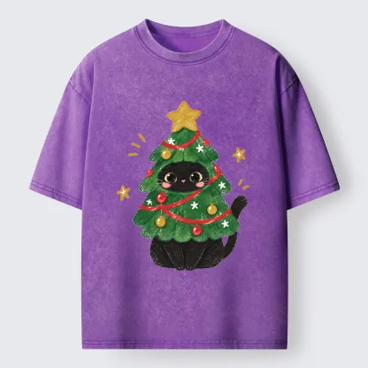 Tokyo-Tiger Christmas Tree Black Cat Washed T-Shirt