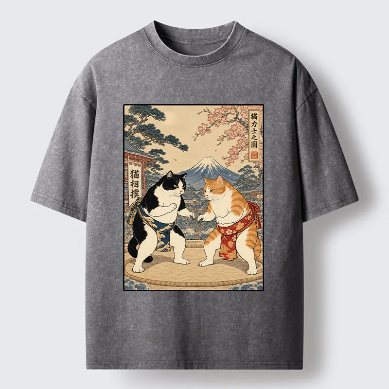 Tokyo-Tiger Japanese Sumo Cat Art Washed T-Shirt