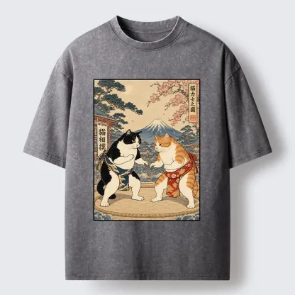 Tokyo-Tiger Japanese Sumo Cat Art Washed T-Shirt
