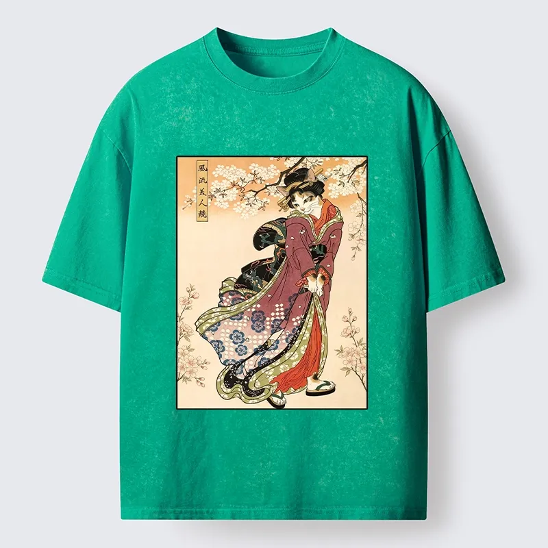Tokyo‑Tiger Kimono Cat Art Washed T‑Shirt