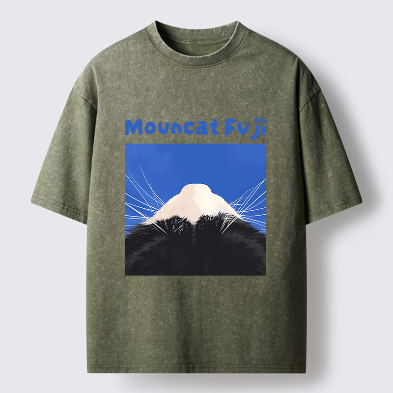 Tokyo-Tiger Cute Cat Fuji Mountain Art Washed T-Shirt