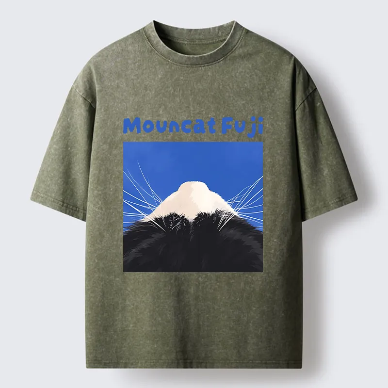 Tokyo-Tiger Cute Cat Fuji Mountain Art Washed T-Shirt