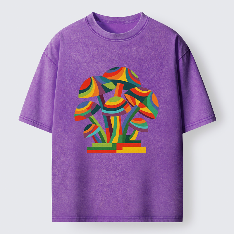 Tokyo-Tiger Retro Rainbow Mushroom Art Washed T-Shirt