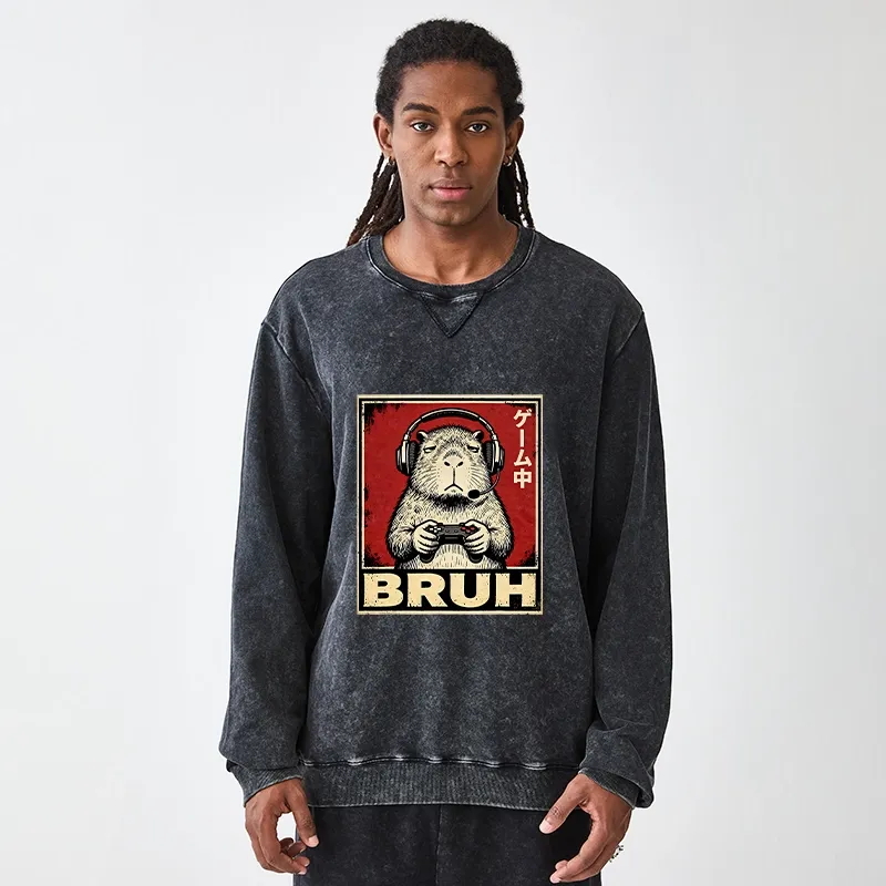 Tokyo-Tiger Funny Capybara Playing Games Washed Terry Sweatshirt