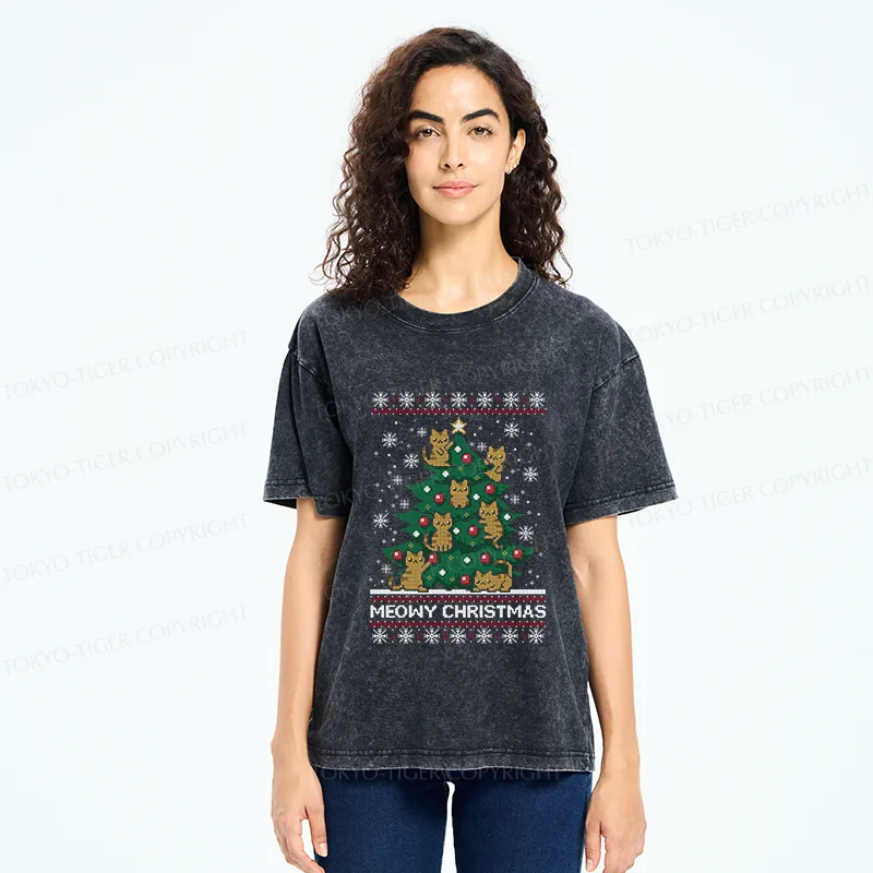 Tokyo-Tiger Cats Christmas Tree Washed T-Shirt