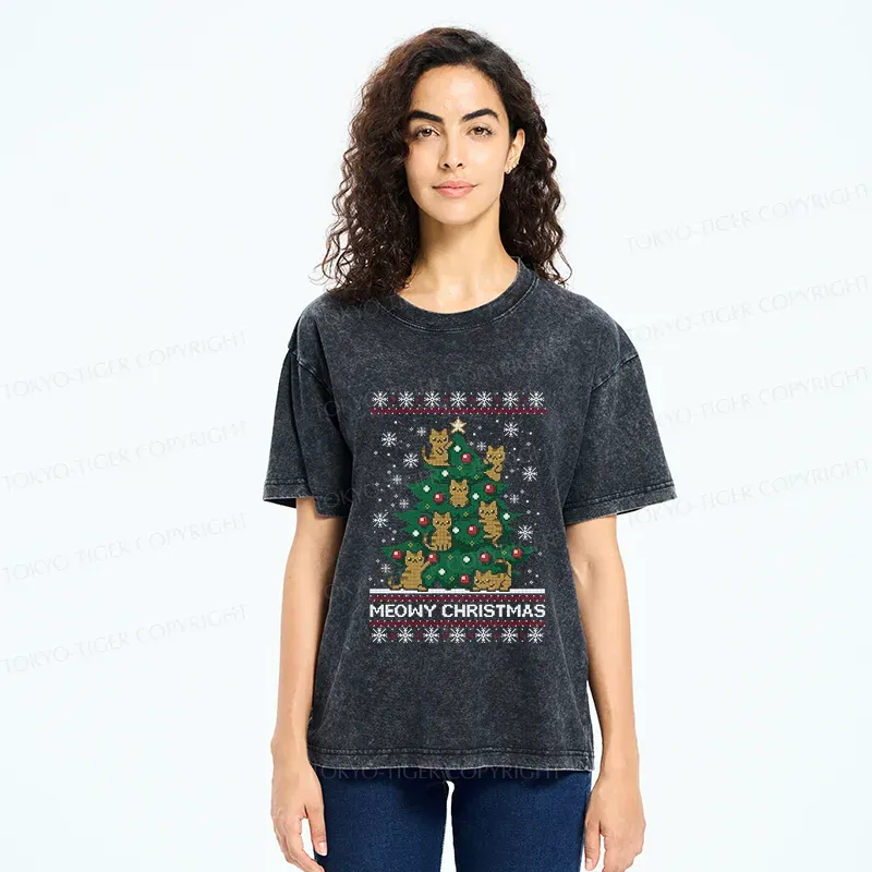 Tokyo-Tiger Cats Christmas Tree Washed T-Shirt