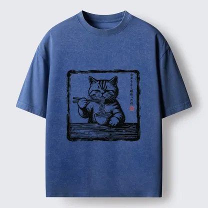 Tokyo‑Tiger Ramen Eating Cat Washed T‑Shirt