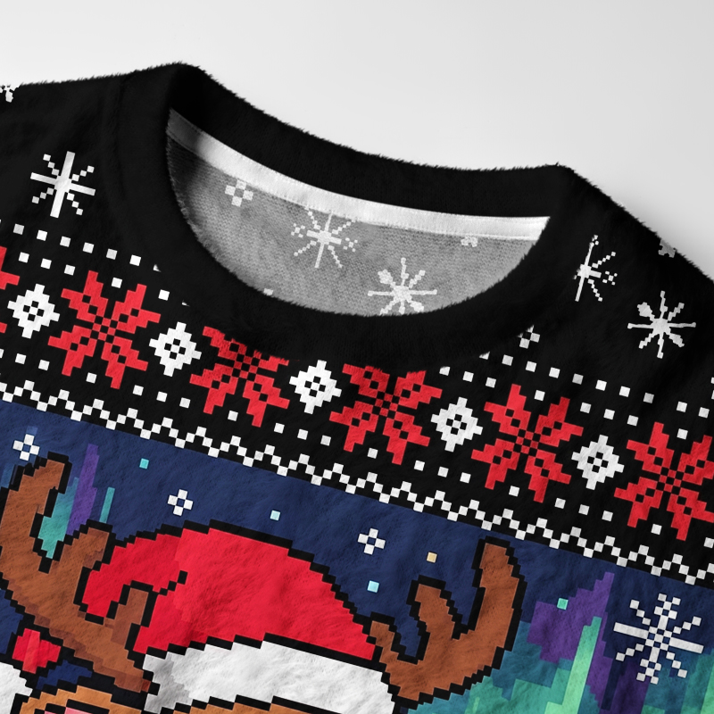Tokyo-Tiger Funny Pixel Reindeer Fuzzy Christmas Ugly Sweatshirt
