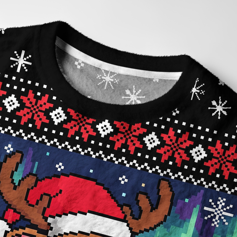 Tokyo-Tiger Funny Pixel Reindeer Fuzzy Christmas Ugly Sweatshirt