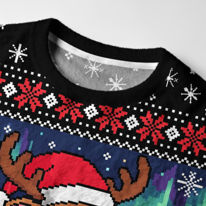 Tokyo-Tiger Funny Pixel Reindeer Fuzzy Christmas Ugly Sweatshirt