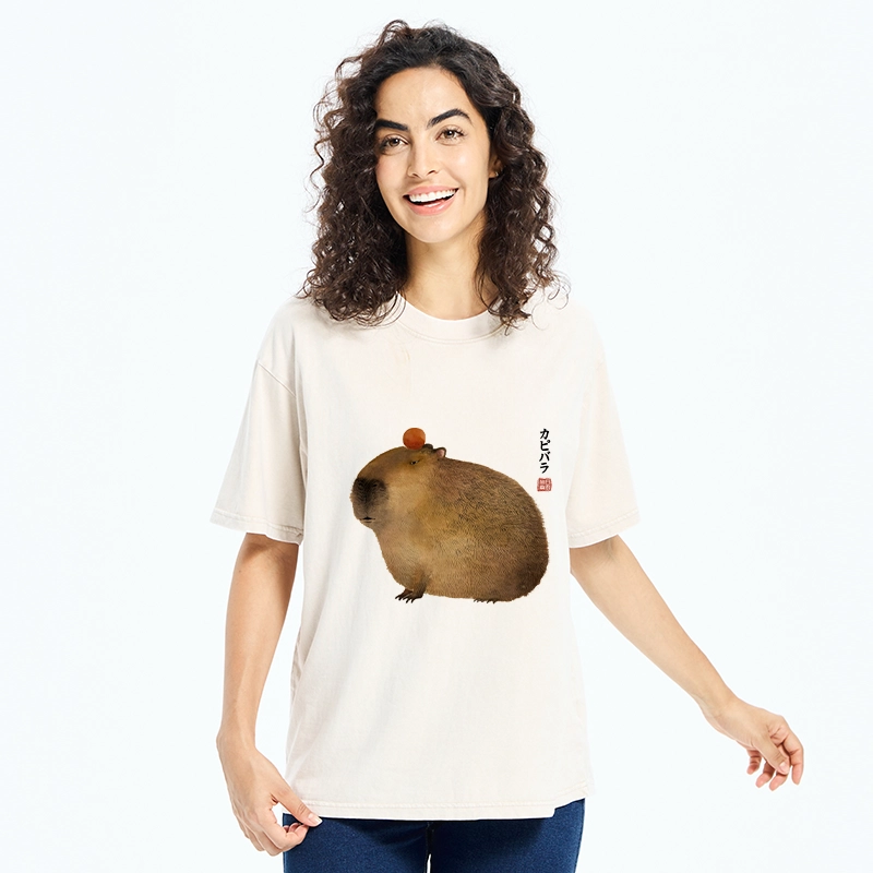 Tokyo-Tiger Calm Capybara Illustration Washed T-Shirt