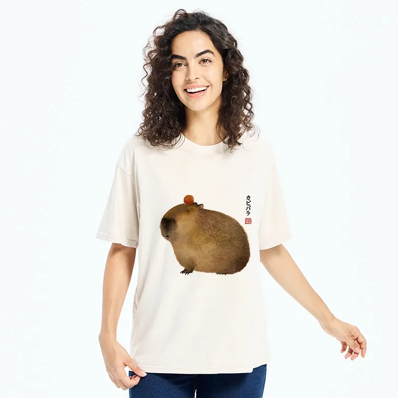 Tokyo-Tiger Calm Capybara Illustration Washed T-Shirt