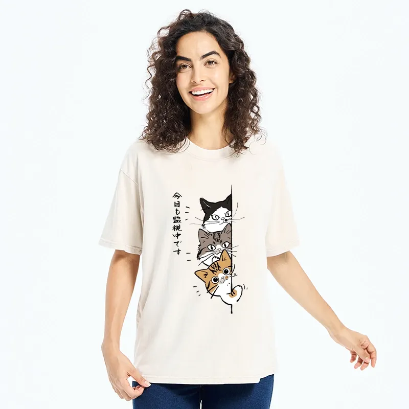 Tokyo-Tiger Funny Cat Surveillance Squad Washed T-Shirt