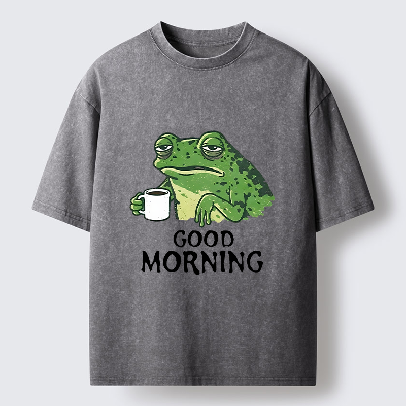 Tokyo-Tiger Morning Coffee Frog Meme Washed T-Shirt
