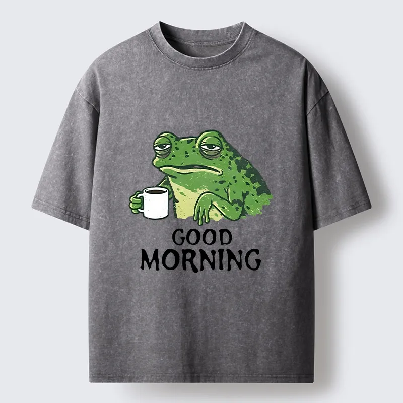 Tokyo-Tiger Morning Coffee Frog Meme Washed T-Shirt