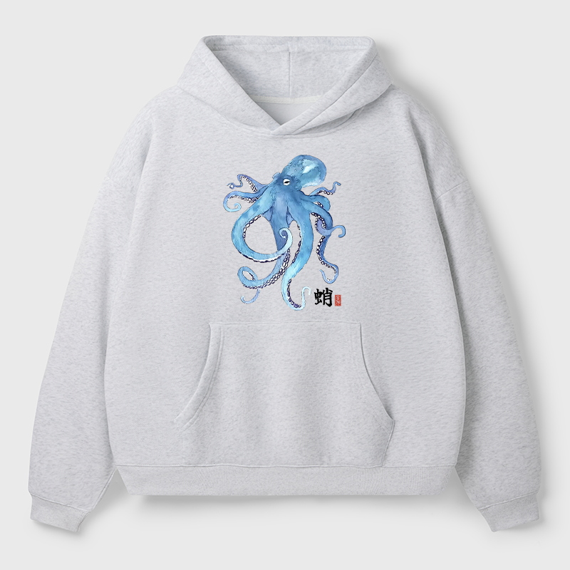 Tokyo-Tiger Watercolor Blue Octopus Adult Fleece Hoodie