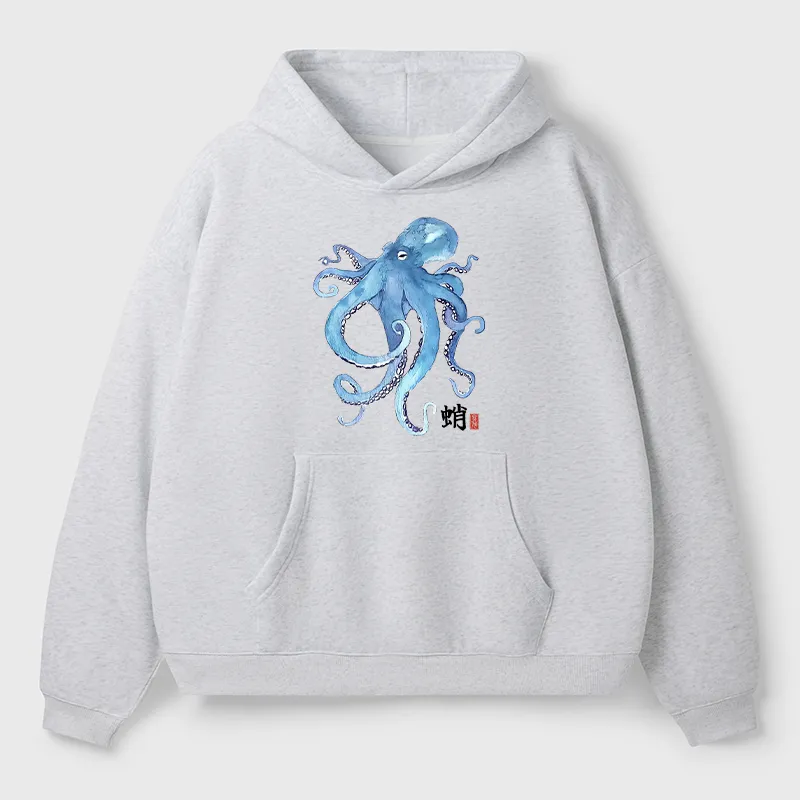 Tokyo-Tiger Watercolor Blue Octopus Adult Fleece Hoodie