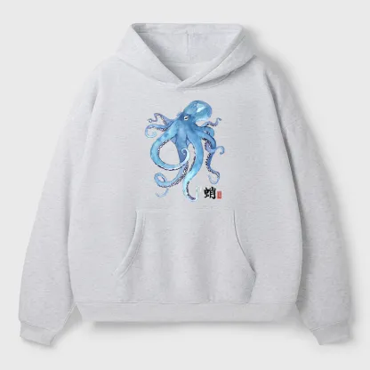 Tokyo-Tiger Watercolor Blue Octopus Adult Fleece Hoodie