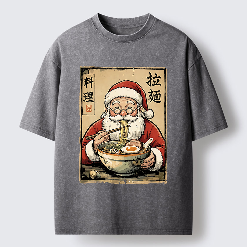 Tokyo-Tiger Santa Eating Ramen Meme Washed T-Shirt