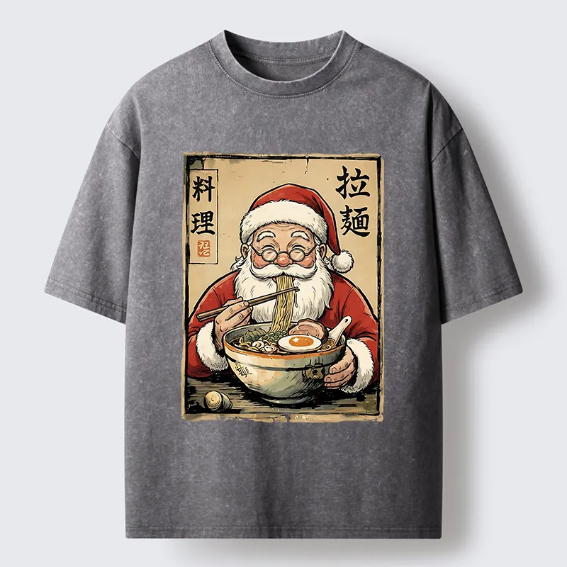 Tokyo-Tiger Santa Eating Ramen Meme Washed T-Shirt