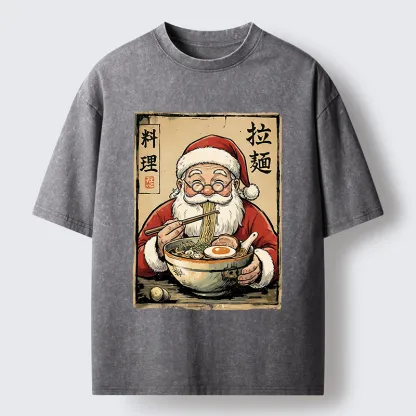 Tokyo-Tiger Santa Eating Ramen Meme Washed T-Shirt