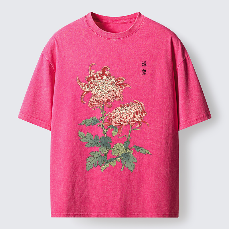 Tokyo-Tiger Vintage Red Chrysanthemum Flower Washed T-Shirt