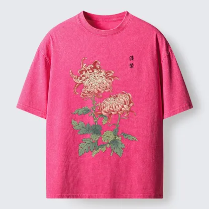 Tokyo-Tiger Vintage Red Chrysanthemum Flower Washed T-Shirt