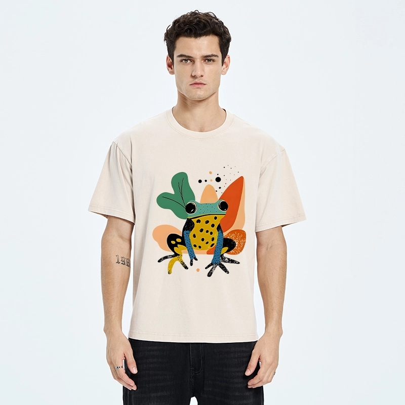 Tokyo-Tiger Vibrant Shapes Colorful Jungle Frog Tee Washed T-Shirt