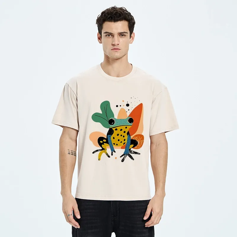 Tokyo-Tiger Vibrant Shapes Colorful Jungle Frog Tee Washed T-Shirt
