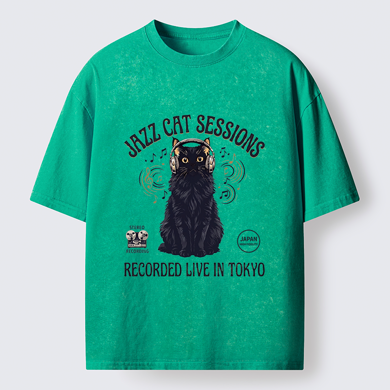 Tokyo-Tiger Jazz Cat Vibes Washed T-Shirt