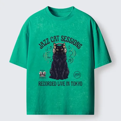 Tokyo-Tiger Jazz Cat Vibes Washed T-Shirt