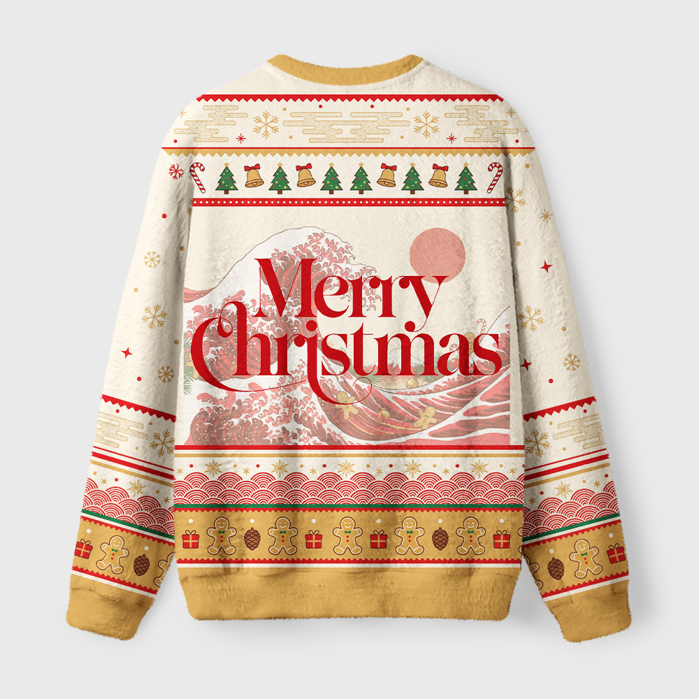 Tokyo-Tiger Gingerbread Surf Christmas Wave Two Fuzzy Christmas Ugly Sweatshirt