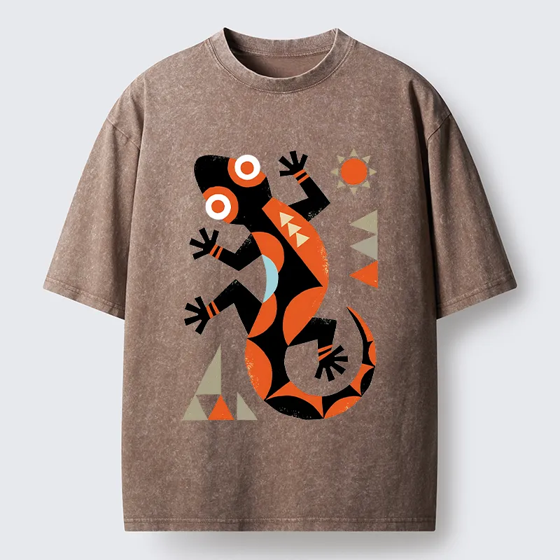 Tokyo-Tiger Abstract Geometric Gecko Washed T-Shirt