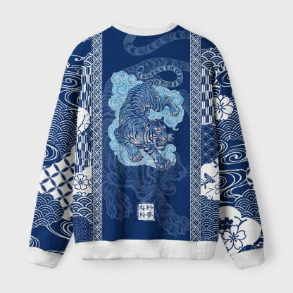 Tokyo-Tiger Japanese Blue Tiger Wave Art Fuzzy Christmas Ugly Sweatshirt