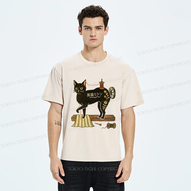 Tokyo-Tiger Sewing Machine Cat Washed T-Shirt