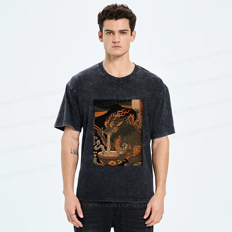 Tokyo-Tiger Kirin Eating Ramen Washed T-Shirt