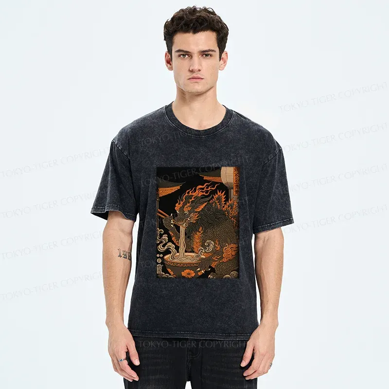 Tokyo-Tiger Kirin Eating Ramen Washed T-Shirt