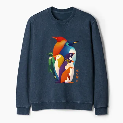 Tokyo-Tiger Cute Multi Tone Penguins Washed Terry Sweatshirt
